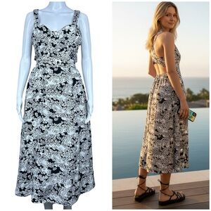 Anthropologie Linen Blend Black White Floral Midi Dress Cutout Back Size S Boho